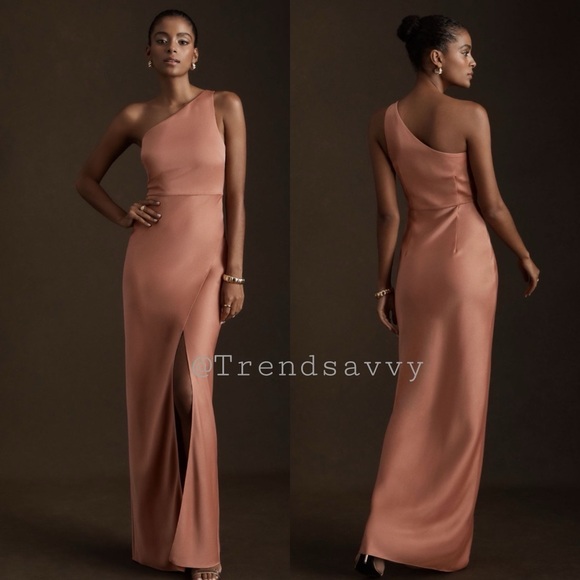 ANTHROPOLOGIE BHLDN Dylan One Shoulder Satin Side Slit Maxi Dress Grown 8 NWT